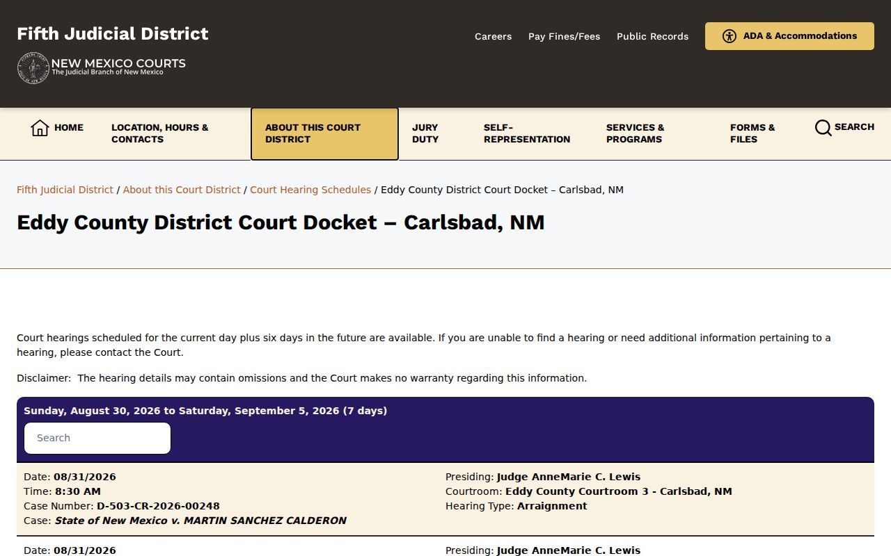 Eddy County court dates District Court hearing schedule
