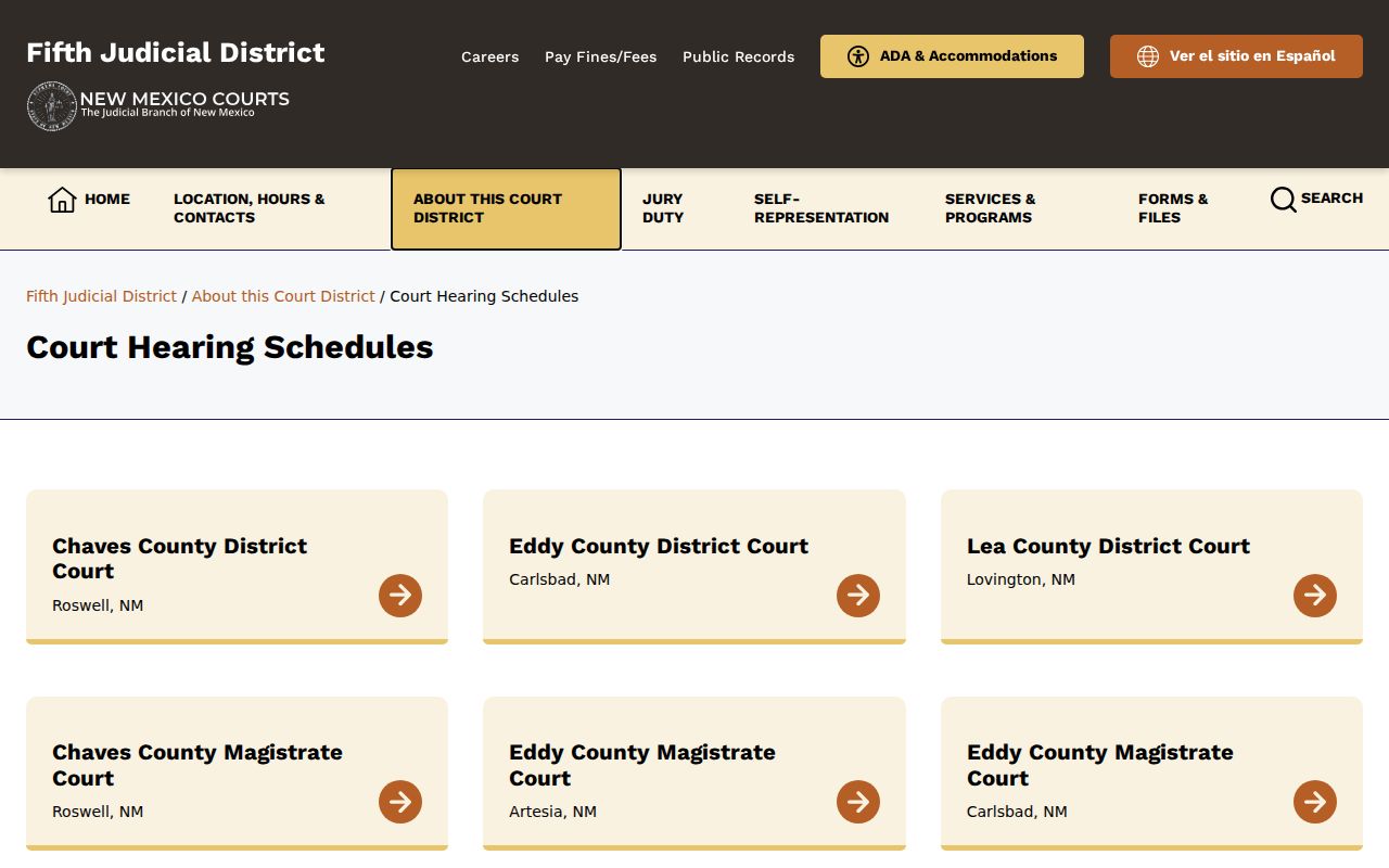 Eddy County court docket hearing schedules in the Fifth Judicial District calendar index